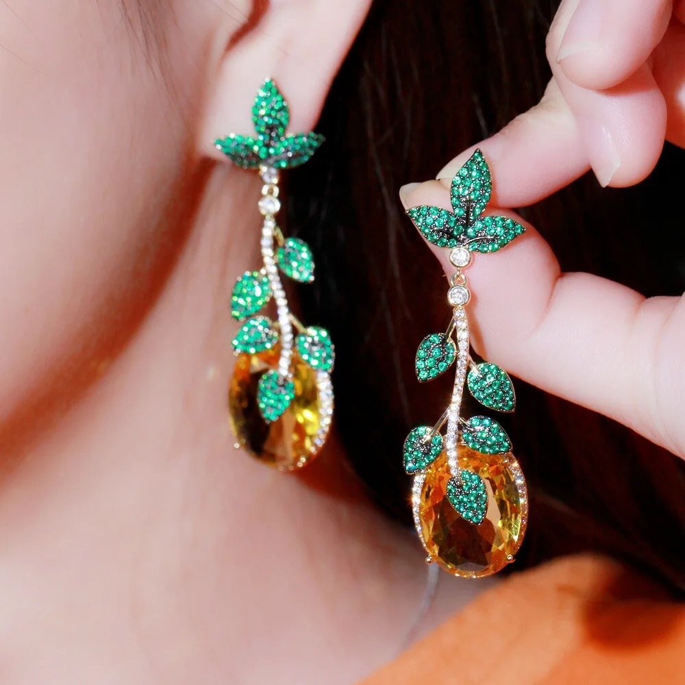 Elegant Green and Gold Leaf Drop Earrings